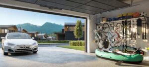 Rendering of double car garage with bicycles, kayak and other sporting goods hanging on wall. A luxury sedan is parked on the driveway.